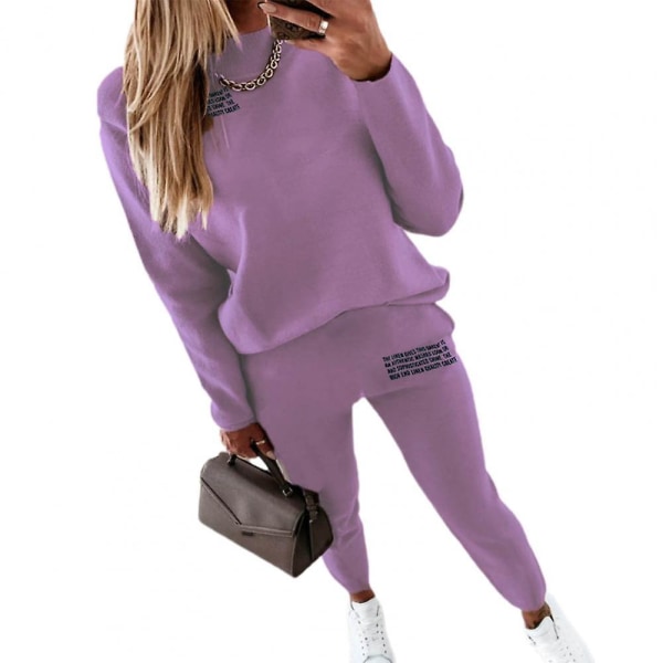 Træningsdragt til kvinder i to dele efterårsmode Solid afslappet langærmet trøjeoutfits Højtaljet bandagebukser Oversize hættetrøjer Purple(72726) L