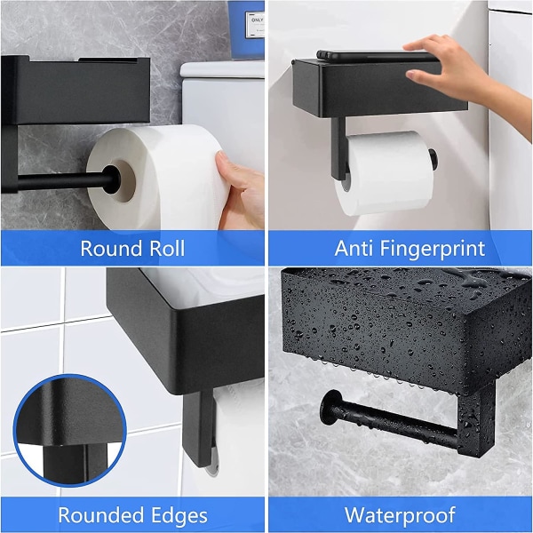 Guiguzi toiletpapirholder Vægmontering i sort rustfrit stål (perforeret/ikke-perforeret) rulleholder med rummelige hylder, vægmonteret toiletpapir
