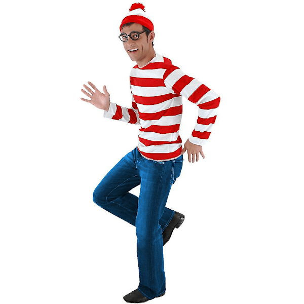 Hvor er Waldo Nu Rød og Hvid Stribet Cosplay Kostume Voksen Mænd T-shirt Trøje + Hat + Briller Til Jul Halloween Fest Dragt Kid Xxl