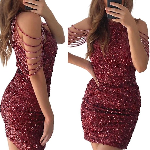 Glittrig Sekvensklänning för Kvinnor, Festklänning med Paljetter, Sekvensklänning med fransar, Bodycon Cocktailklänning, Mini-klänning red S