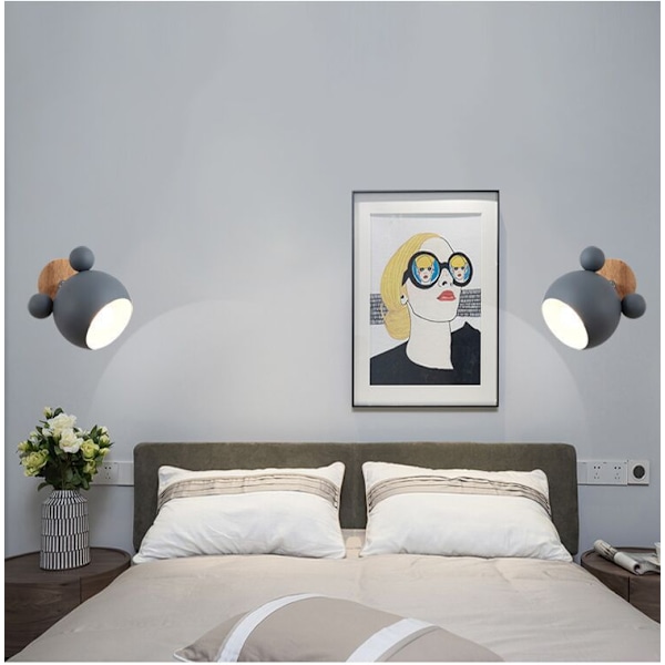 Kreativ Tegneserie Vegglampeholder i Tre, Nordisk Makron E27 LED Sengelampeholder, Barneleselampe for Gang, Stue, Loft (Rosa) Grey Mickey Wall Light