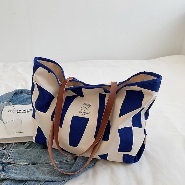 Lady Canvas Laukku Suuri käsilaukku Kangaskassi Holiday Beach Bag Ostoskassi Suuri tilavuus Olkalaukku Ämpärilaukku Koulutyöhön Matkailu Vetoketju Blue