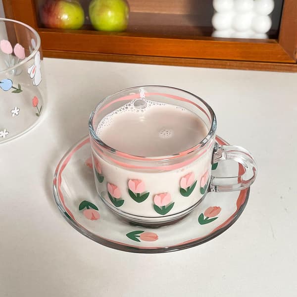 Handmålad glaskaffe kopp och sked set i koreansk stil för ditt kök 200 ml