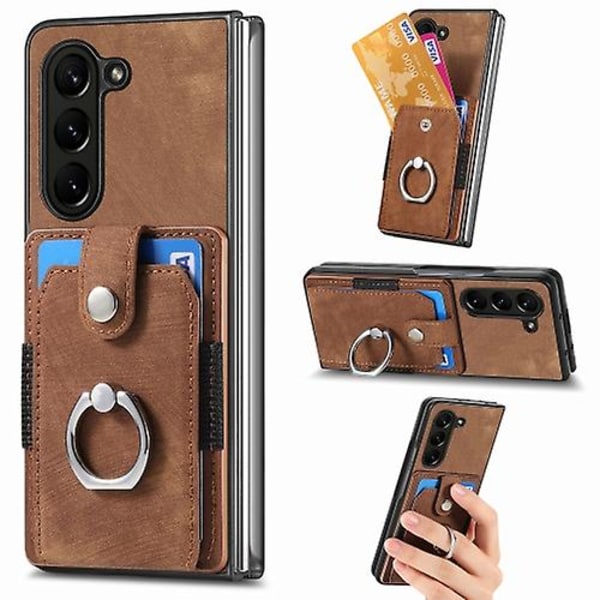 Retro Skin-følelse Ring Multi-kort Lommebok Mobiltelefonveske for Samsung Galaxy Z Fold5 5g Brown