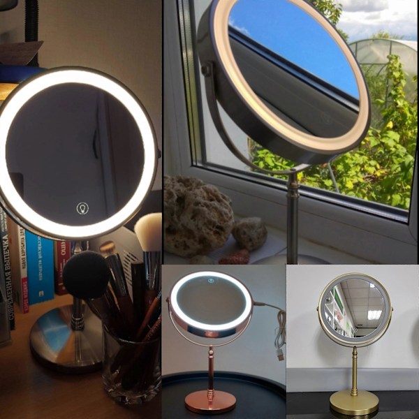 8 Tums Guld Smink Spegel Med Ljus USB Laddning 10X Förstorande Toalett Spegel Bakgrundsbelyst Justerbar Ljus Stående Kosmetisk Spegel Trichromatic light
