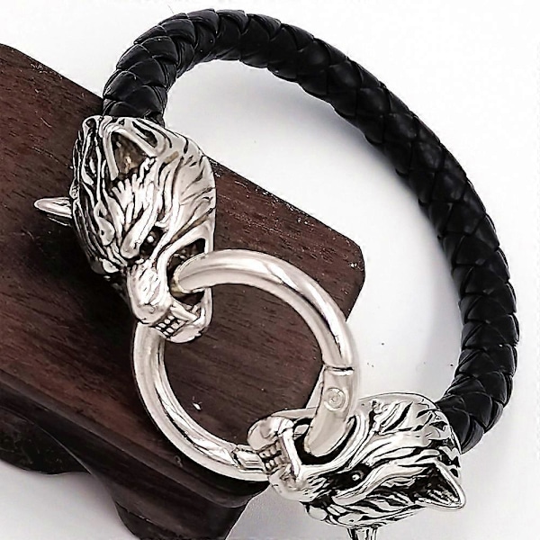 Viking Rune Perle Ulvehoved Armbånd Rustfrit Stål Læderarmbånd black style 12