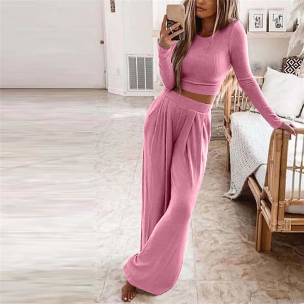 Women's Solid Long Sleeve Casual Outfit Knitted Tops Pants 2 Piece Knitwear Wide Leg Trousers Set Loungewear Plus Size Pink XL