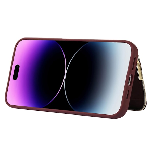 Dragkedja Plånbok Telefonfodral Stativ PU Läderbelagd TPU Skal till Iphone 15 Pro Max Wine Red