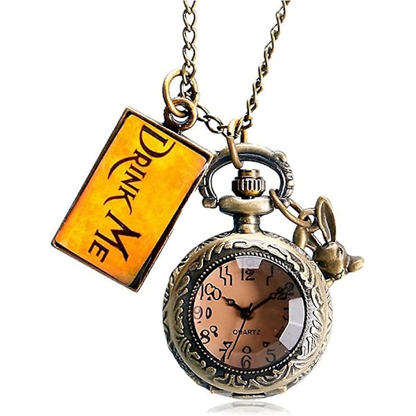 Alice In Wonderland Themed 3d Bronze Effect Women's Quartz Pocket Watch Necklace - On 32" Inch / 80cm Chain