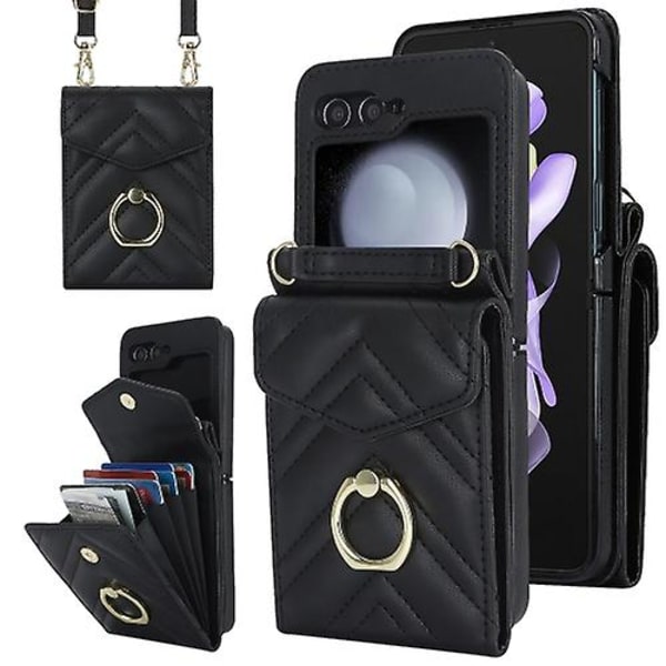 Til Samsung Galaxy Z Flip5 V-formet RFID Kortlomme Mobiltelefonetui Med Ringholder Black
