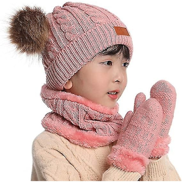 Toddler-hatt i vinterfärg med dubbla pompom-stickade mössor och halsduk i samma färg style 4