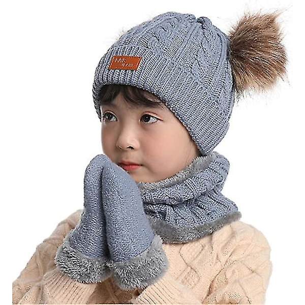 Toddler-hatt i vinterfärg med dubbla pompom-stickade mössor och halsduk i samma färg style 3