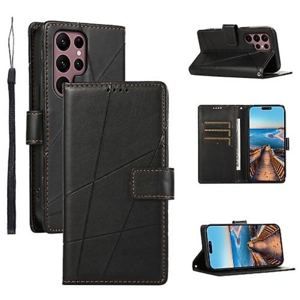 Til Samsung Galaxy S22 Ultra 5g PU Ægte Læder Tekstur Prægning Linje Mobiltelefon Etui Black