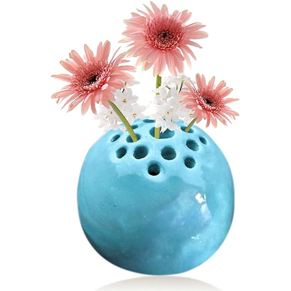 Harpiks håndlavet vase blomst sten borddekoration, perforeret vase, mini rund miniature vase gave til mor blue