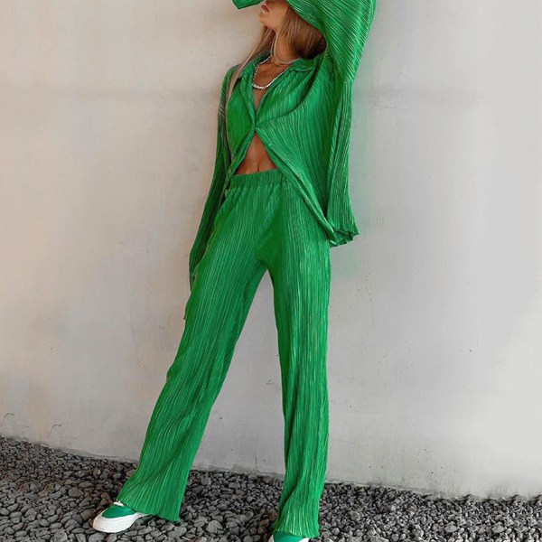 Kvinders Casual Outfits Sæt Højtaljede plisserede bukser Sæt til Go Shopping Wear Green S