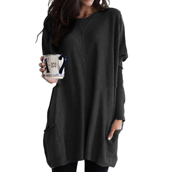 Naisten Pluskokoinen Pitkähihainen Tunikapaita Pyöreäkaulaisen Kevyt Hupunalla Casual Ylisuurinen T-paita Taskuilla (S-5X) black 3XL