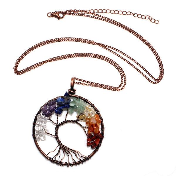 Livets træ - Chakra ædelstenssmykker Farverig bronzekæde halskæde