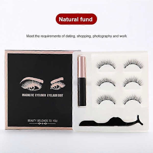 Vedenpitävä magneettinen eyeliner ripsillä ja pinseteillä, 3 parin setti, pitkät ripset natural