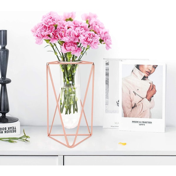 Kukkamaljakko metallikehyksellä, ruusukulta/kultainen metallirunko ja lasikoeputki Kukkaistutusmaljakot Sylinterimäinen maljakko toimistohään kodin sisustukseen suuri