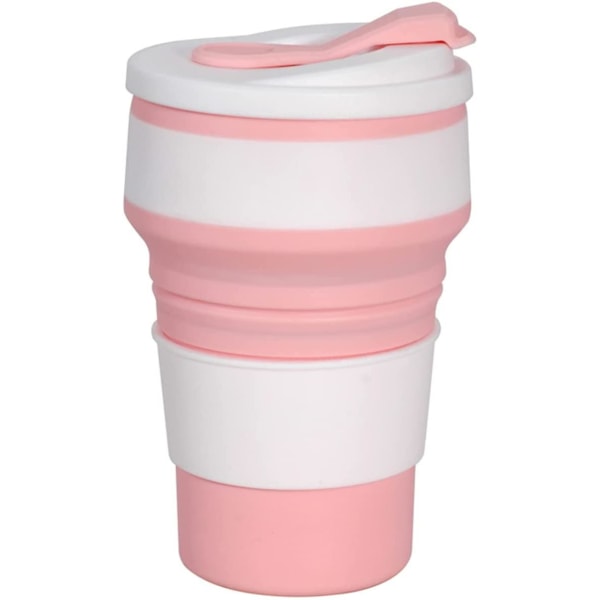 Sammenklappelig silikone rejsekop, 12 oz silikone kop med låg, genanvendelig sammenfoldelig kaffekop, skoldningssikker og lækagesikker campingkrus til udendørs/kontor Pink