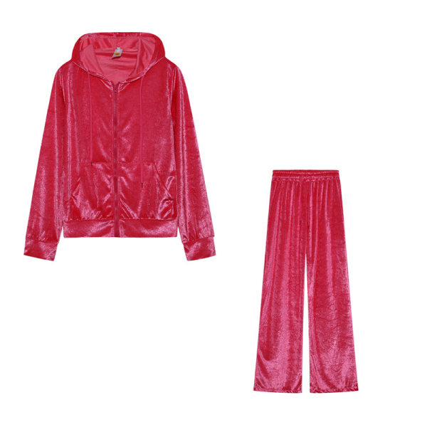Women's Autumn and Winter Velvet Athleisure Two-Piece Suit M rose Red