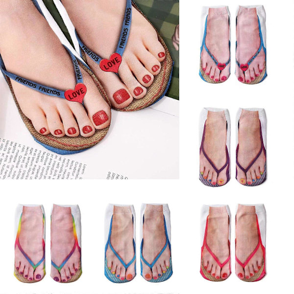 3D Mønster Manicure Print Sokker, Flip Flops Sjove Skjulte Sokker til Kvinder Piger color