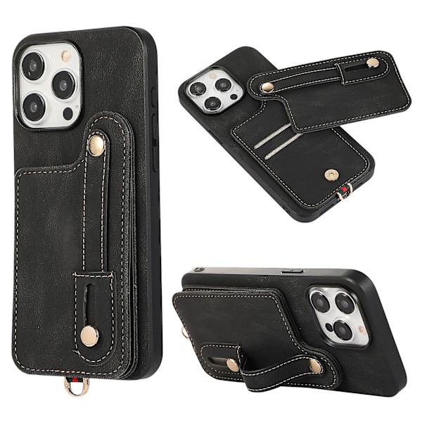 Fodral för Iphone 14 Pro Max med stativ och kortfack i TPU+läder Black
