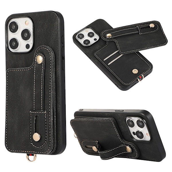Iphone 14 Pro Max -kotelo, jossa jalusta ja korttipidike, Tpu+nahkainen puhelinkotelo Black