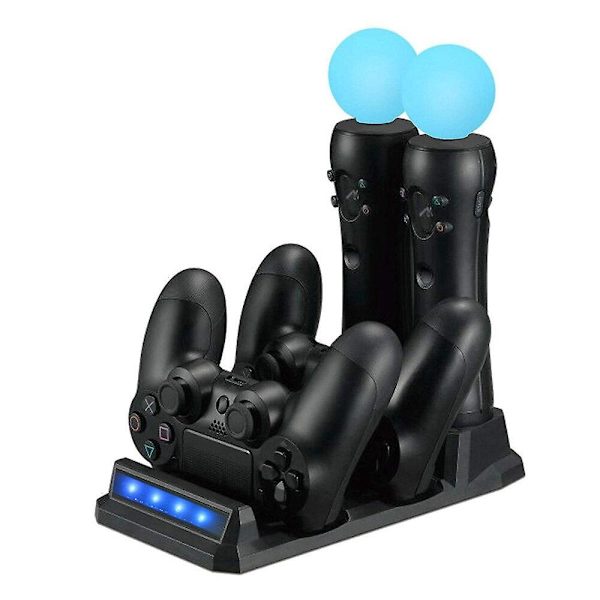 4-in-1 USB-latausasema LED-valolla, kaksoislaturiasema PlayStationille, PS4 Move -ohjaimille ja PS4 VR -ohjainten telineelle A
