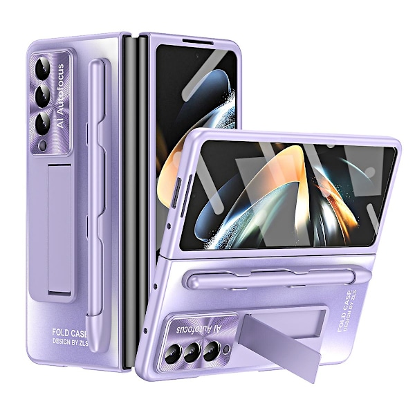 Ag Matte Hard PC Kickstand-deksel for Samsung Galaxy Z Fold3 5g, med glassfrontfilm/penn Purple