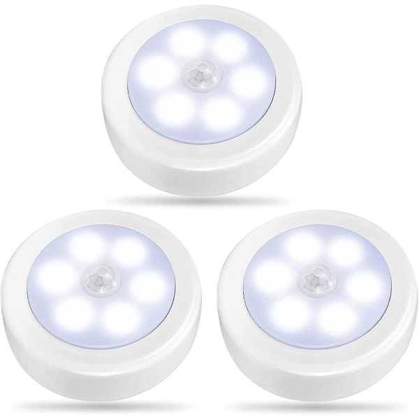 3-pak LED bevægelsessensor lys indendørs, skabslys, batteridrevet natlys, trådløs væglampe til trapper, entre, garage, entré (cool Whi