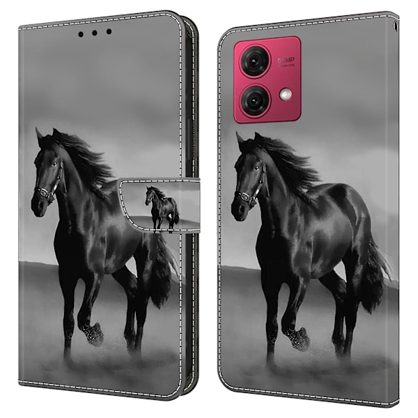 For Motorola Moto G84 5g Læderetui Trykt 3d Mønster Stativ Stødsikkert Telefoncover Black Horse