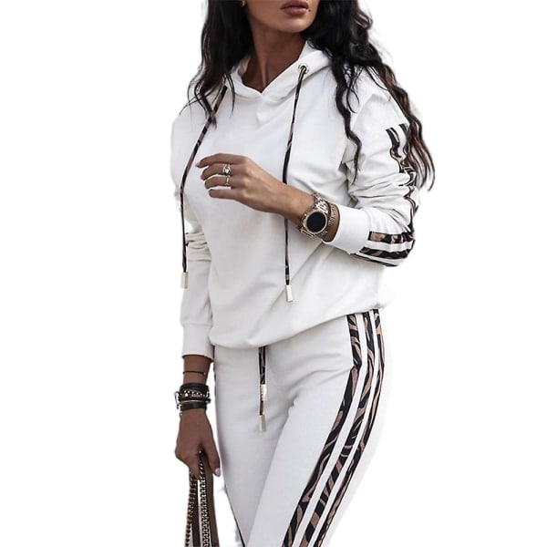 Kvinders Stribede Casual Activewear-outfits Langærmet hættetrøje Hættetrøjer Toppe Joggingbukser Træningsdragt med snoretræk White XL