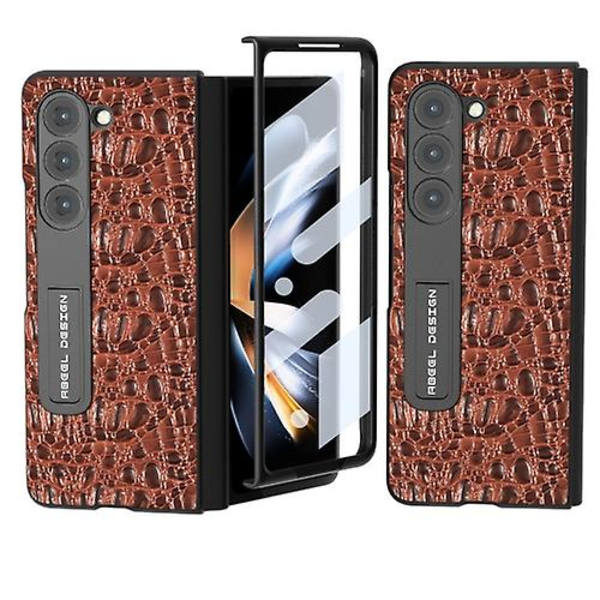 Til Samsung Galaxy Z Fold5 Abeel Integreret Ægte Læder Sky Series Mobiltelefon Etui Med Holder Brown