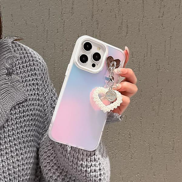 Laser-effekt PC+TPU-fodral med pärlhjärthänge, reptåligt, för iPhone 13 Pro Max 6,7 tum White