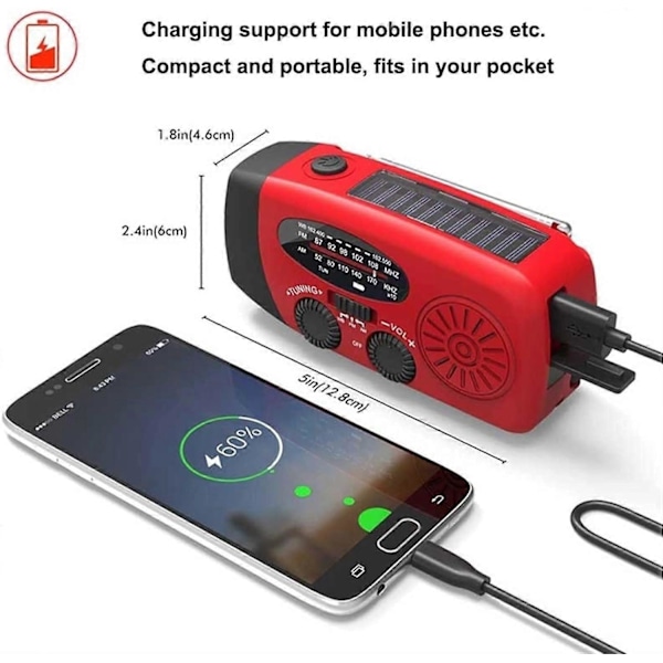 Svingradio med solceller & lommelygte - 2000mAh Powerbank - Sort