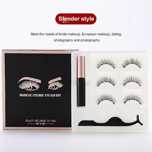 Vedenpitävä magneettinen eyeliner ripsillä ja pinseteillä, 3 parin setti, pitkät ripset slender