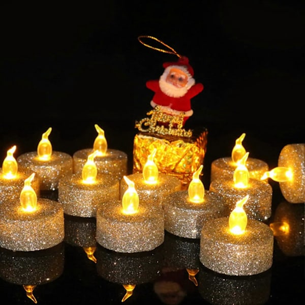 Juldekorationer, flamlösa te-ljus, rökfria, glitter, lätta, ljusa, LED-ljus, juldekoration, julklappar, guld