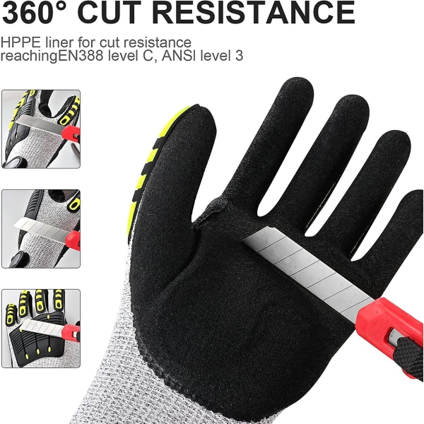 Arbejdshandsker Skærbestandige mekanikerhandsker Niveau 5 Skærebeskyttelse Antivibration Slidbestandige handsker til havekonstruktion Stor, L,25,5 cm