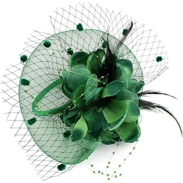Damehatte, blomstrede bowlerhatte, fjerbryllupscocktailhatte, hårklemme festhatte, grønne hatte med hårringe.