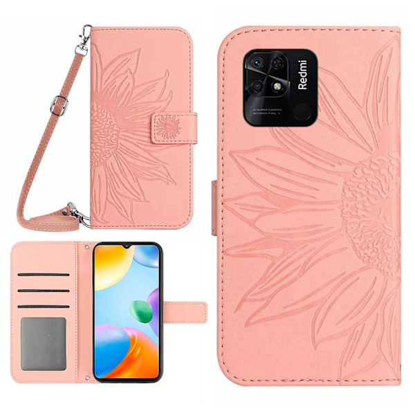 Til Xiaomi Redmi 10c 4g Ht04 Solsikke-præget hudvenlig anti-ridse telefonetui magnetisk lukning Pu læderpung cover stativ med skulderrem Light Pink