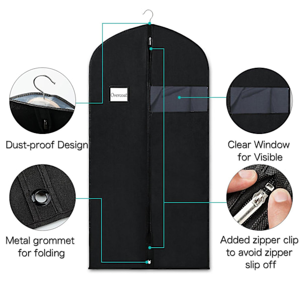 Klædesække Garment Bag Suit Sække 60 tommer Tøjbetræk Med Gennemsigtigt Vindue Ikke-vævet Frakke Sække Til Garderobe Og Rejse Støvbestandig, 4 Pak