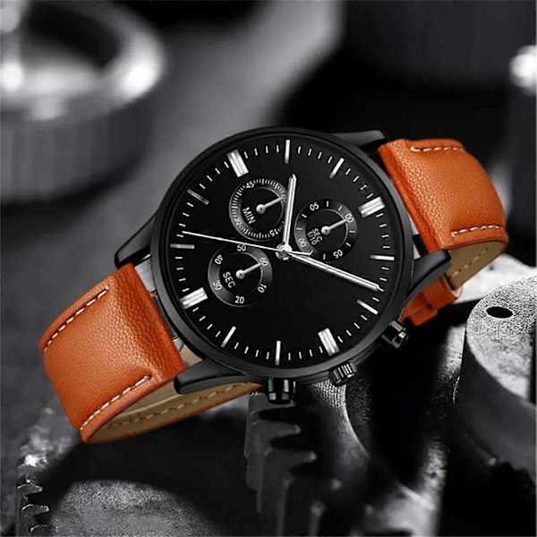 Herreklokke Ultratynn Svart & Sølv Business Klokke Lærreim Quartz orange