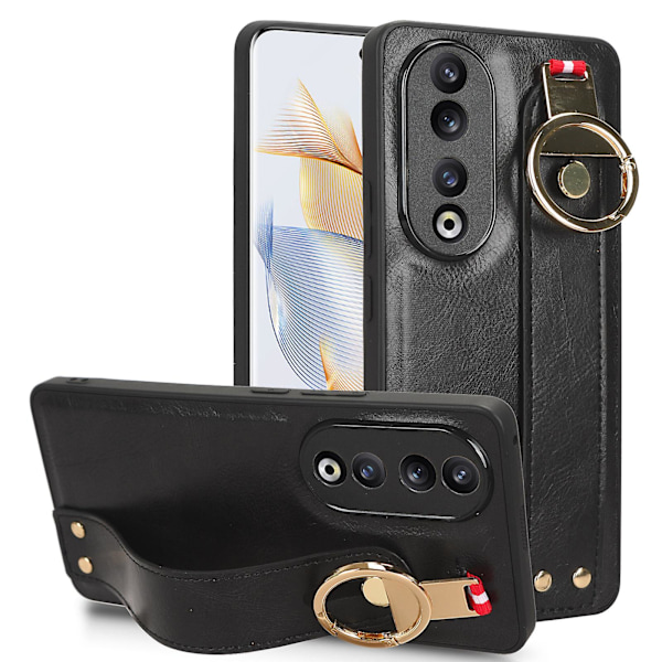 For Honor 90 Pro Armbånd Kickstand Beskyttende Etui Flaskeåbner Design Pu Læder+pc+tpu Telefon Cover Black