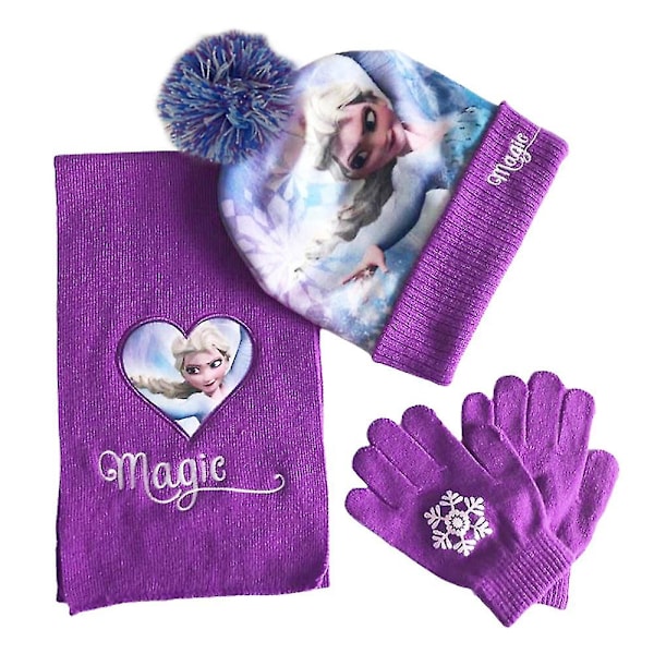 Barn Flickor Frozen Elsa Mössa Halsduk Handskar 3st/set Vinter Varma Utomhus Stickad Pom Pom Mössa Gåvor Purple