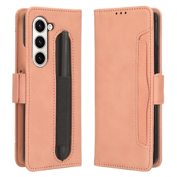 Samsung Galaxy Z Fold5 Skindfølsom Kalveskindstekstur Kortlommer Læder Mobiltelefonetui Med Penholder Pink