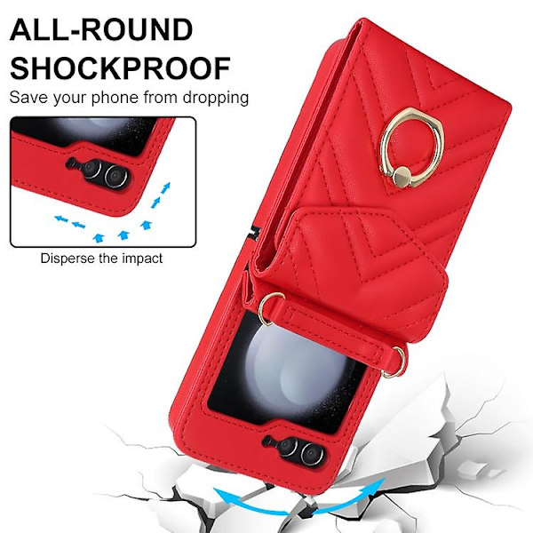 Til Samsung Galaxy Z Flip5 V-formet RFID Kortlomme Mobiltelefonetui Med Ringholder Red