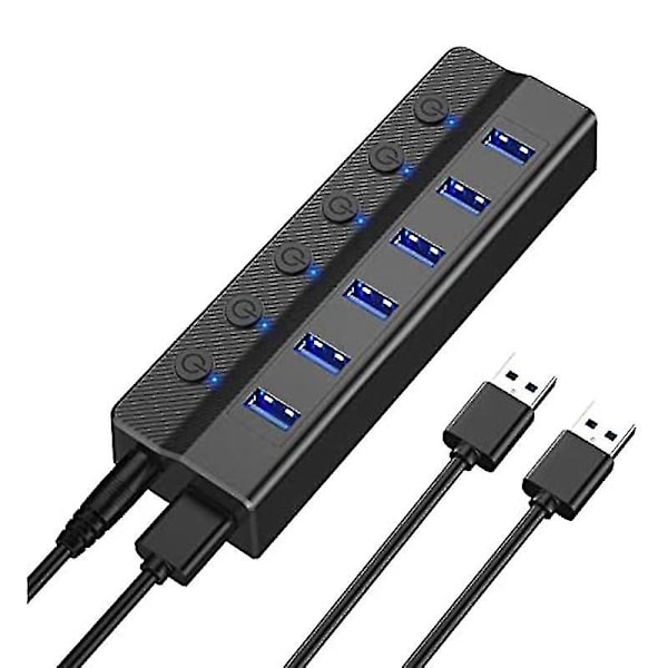 6-ports USB 3.0 Hub, USB-delare för bärbar dator med individuella på/av-knappar och lampa, 3 fot kabel, US