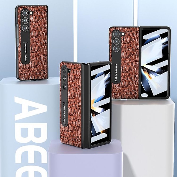 Til Samsung Galaxy Z Fold5 Abeel Integreret Ægte Læder Sky Series Mobiltelefon Etui Med Holder Brown