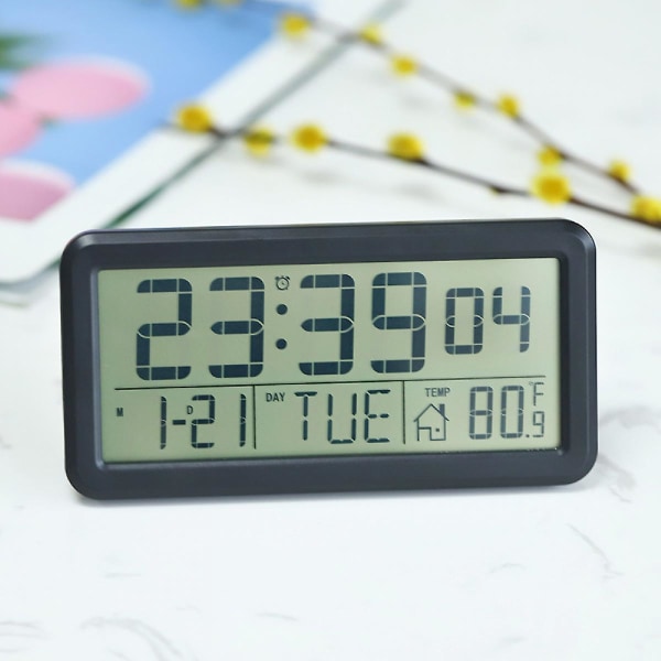 Digital skrivebordsklokke, elektroniske digitale vekkerklokker for hjemmeinnredning på soverommet, LCD-skjerm med tid/kalender/temperaturvisning, (svart)